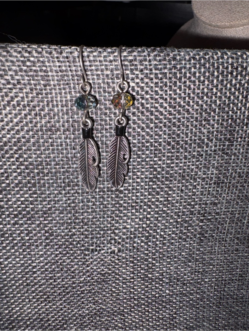 Silver Feather Dangle Earrings with Green and Amber Beads - Unbranded